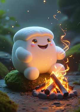 Cute Marshmallow Character by Campfire