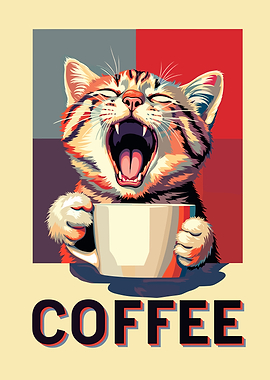 Cat Yawning with Coffee Cup Poster