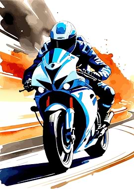 Motorcycle Rider in Blue and White