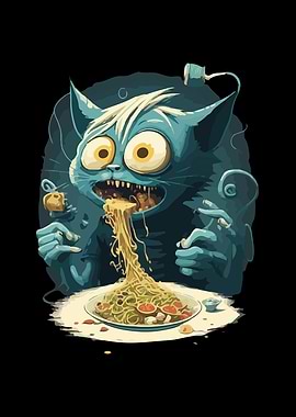Cartoon Cat Eating Spaghetti