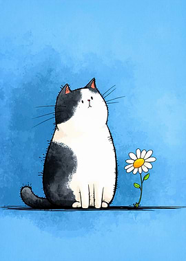 Cartoon Cat with Daisy Flower