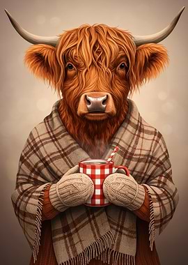 Cozy Highland Cow with Hot Cocoa