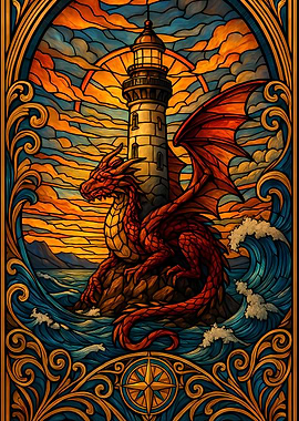 Dragon and Lighthouse Stained Glass Art