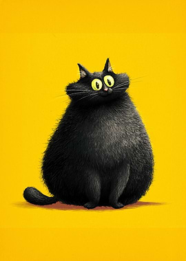 Cartoon Black Cat on Yellow Background