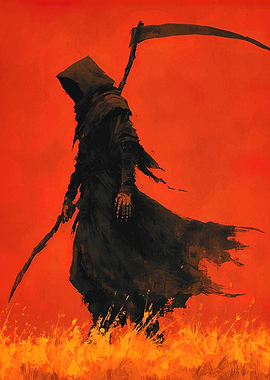 Grim Reaper in Fiery Landscape