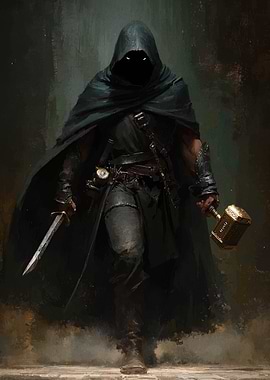 Hooded Warrior with Sword and Hammer