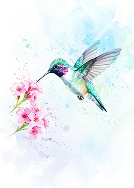 Hummingbird and Pink Flowers Watercolor Painting