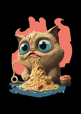 Cartoon Cat Eating Spaghetti