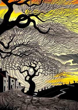 Stylized Landscape with Trees and Buildings