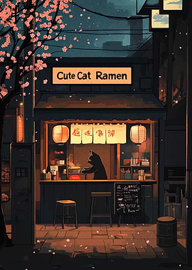 Cute Cat Ramen Shop at Night