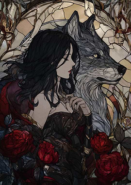 Woman and Wolf Stained Glass Art