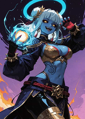 Blue-skinned Sorceress with Magical Orb