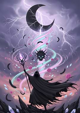 Pastel Goth Arcane Sorcerer with Crystal Staff in Mystical Storm