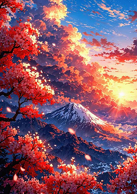 Mount Fuji Cherry Blossom Anime Landscape