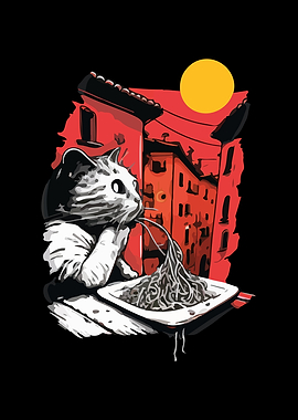 Cat eating spaghetti in Italian city