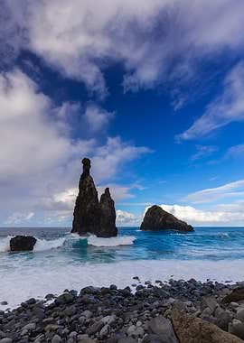 Rocky beach with sea stacks, Ribeira da Janela