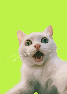 Surprised White Cat with Open Mouth