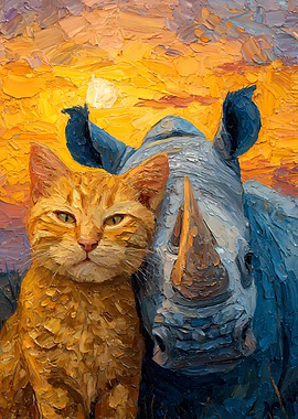 Cat and Rhino Oil Painting