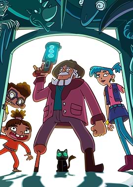 Cartoon adventure team with laser gun