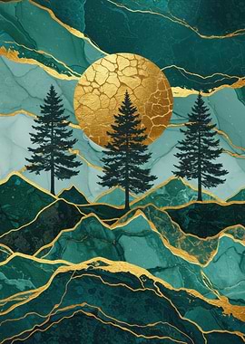 Emerald Landscape with Golden Moon