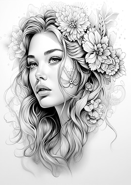 Floral Woman Portrait in Black and White