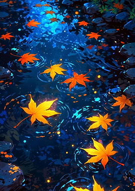 Autumn Leaves Floating on Water