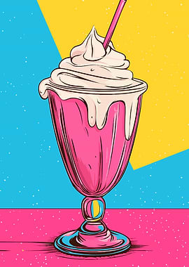 Pink Milkshake with Cream and Straw