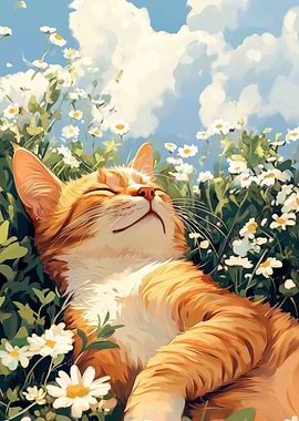 Cat Nap in Daisy Field
