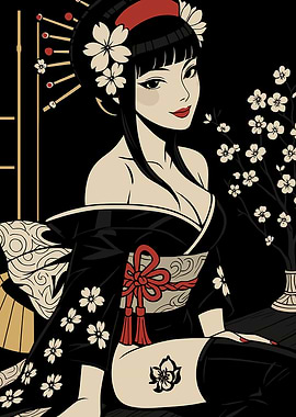 Geisha with Cherry Blossoms Illustration