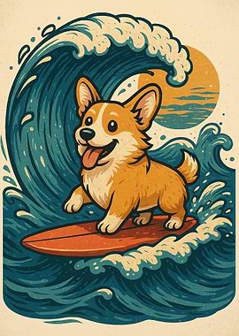 Surfing Corgi on a Wave