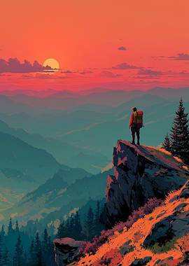 Hiker at Sunset Mountain Vista