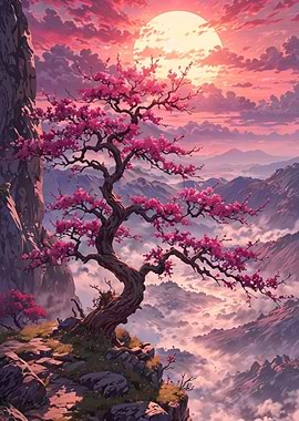 Cherry Blossom Tree at Sunset