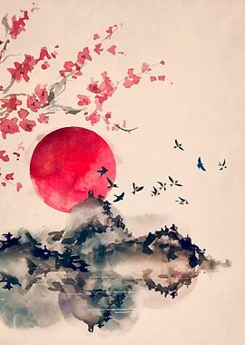 Watercolor Landscape with Birds and Sun