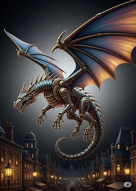 Steampunk Dragon Over Cityscape