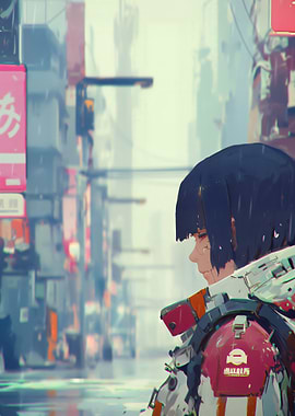 Cyberpunk Girl in Rainy Cityscape