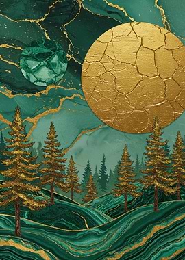Emerald Forest with Golden Celestial Bodies