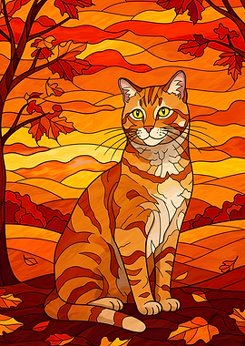 Autumn Cat Stained Glass Style