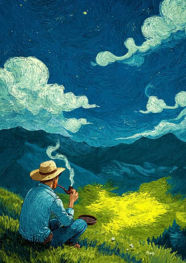 Man Smoking Pipe in Landscape