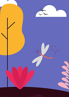 Cartoon Landscape with Dragonfly and Flowers