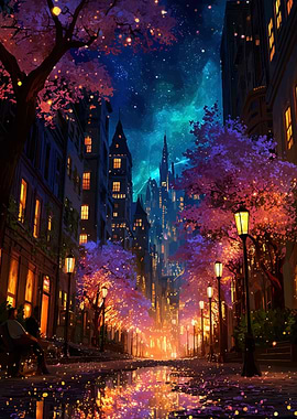 Night Cityscape with Cherry Blossoms