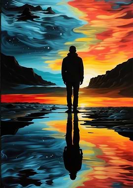 Silhouette on Reflective Shoreline at Sunset