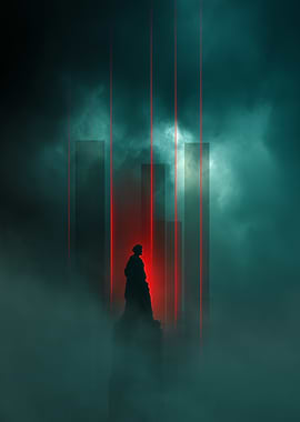 Silhouette in Fog with Red Lights