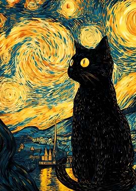 Black Cat Starry Night Art