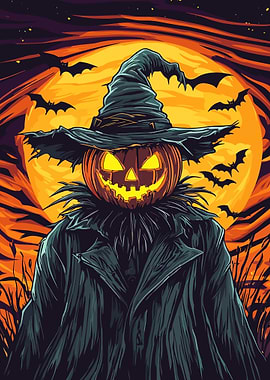 Halloween Pumpkin Scarecrow with Bats