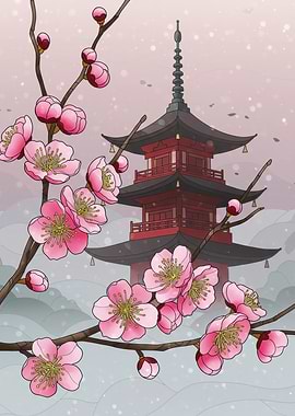 Japanese Pagoda with Cherry Blossoms