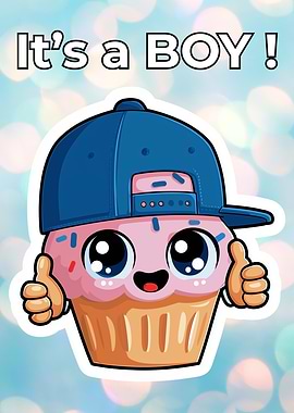 It's a Boy Cupcake Cartoon - Baby Boy Pregnancy Announcement for Gender Reveal Party