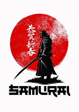 Samurai Warrior Silhouette with Red Sun