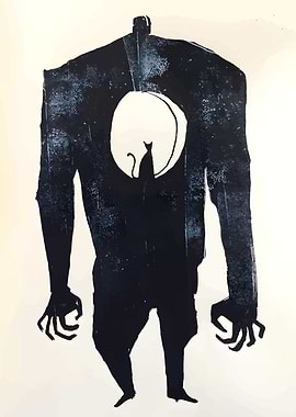 Silhouette of Figure with Cat and Moon