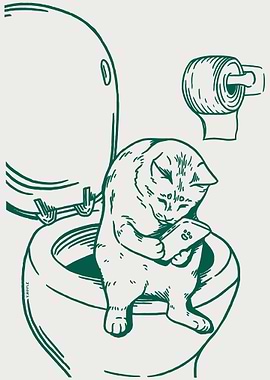 Cat Using Toilet Funny Bathroom Art