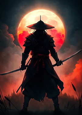 Samurai Warrior Under Red Moon